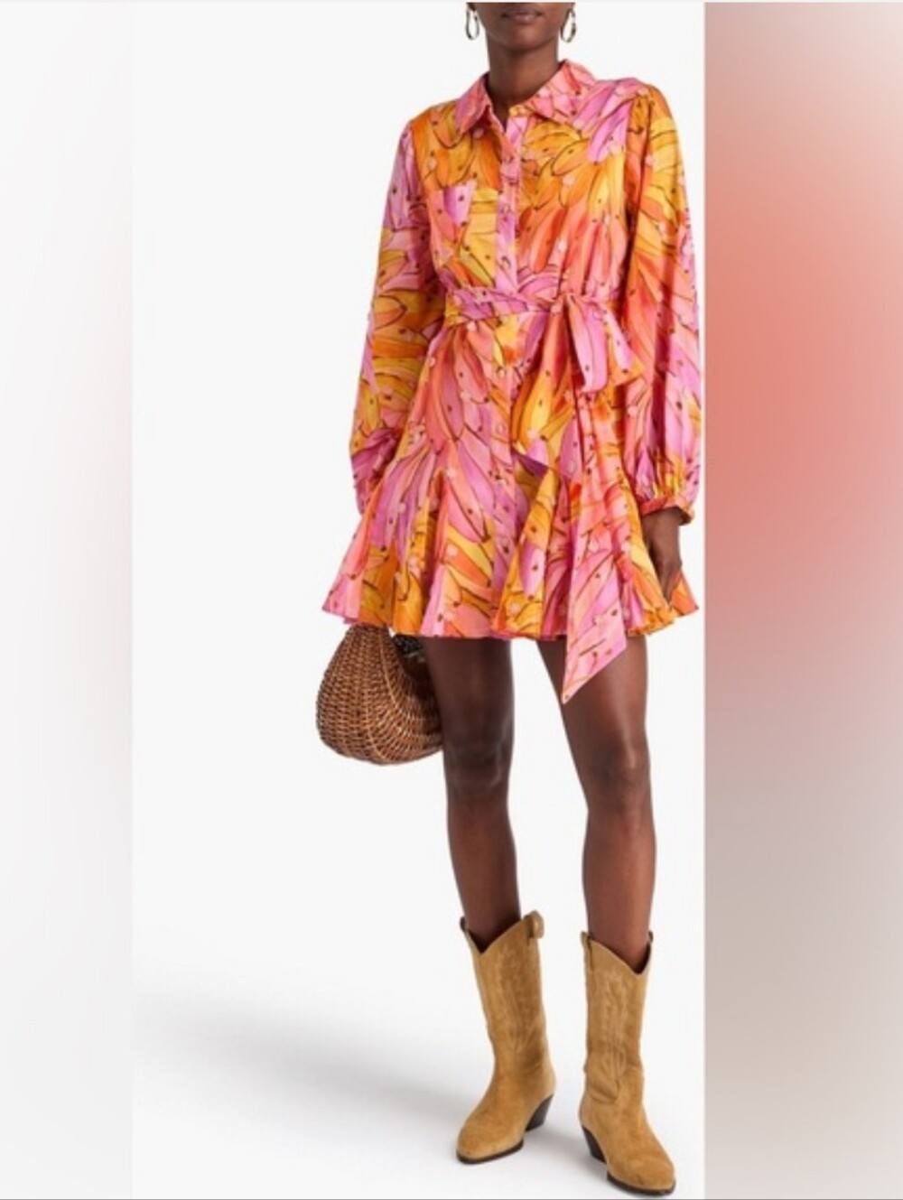 FARM Rio Printed Cotton Mini Shirt Dress Ombré Bananas Print Women's L Boho Chic